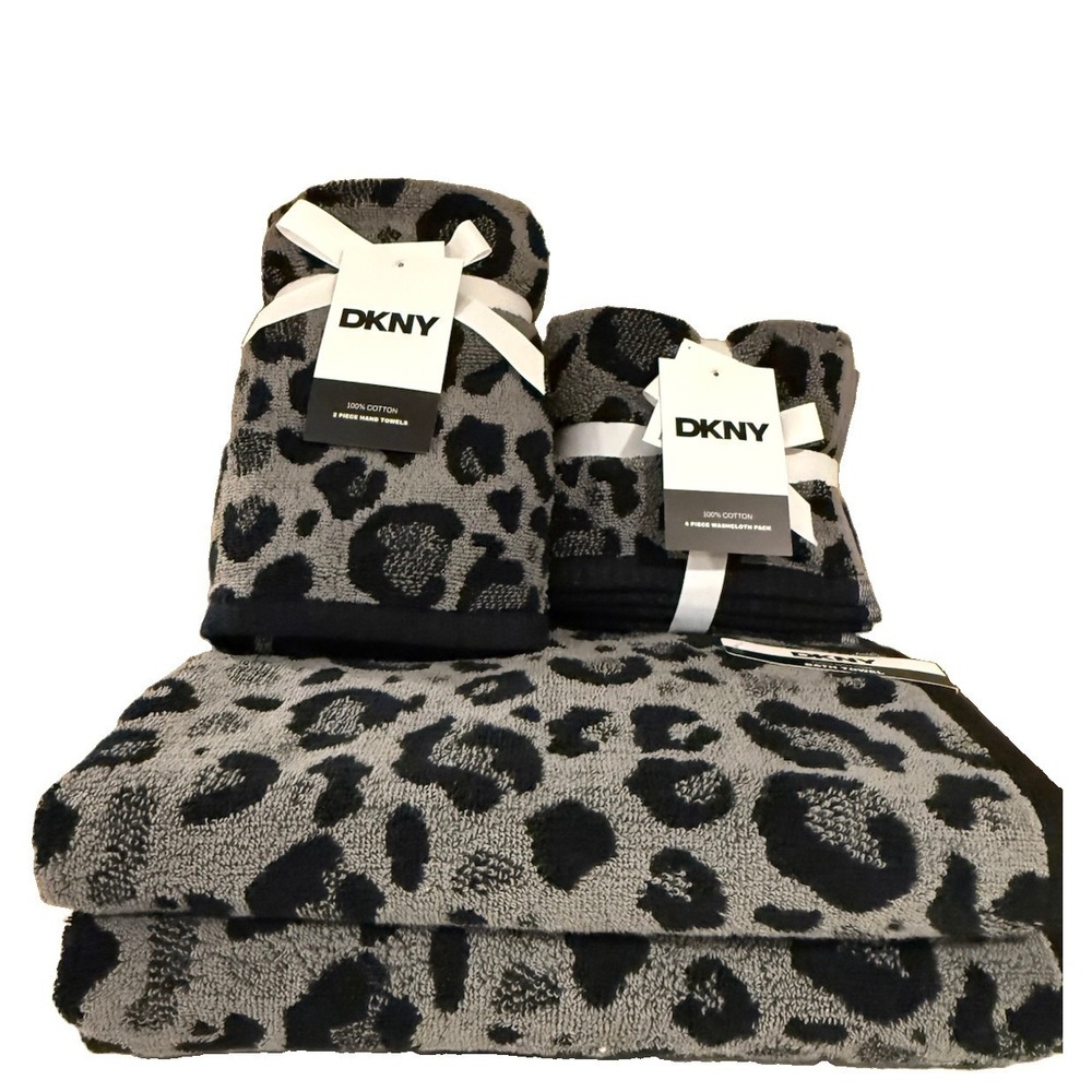 8-NWT DKNY GRAY LEOPARD  DESIGN THICK‎ LUXE TOWELS SET